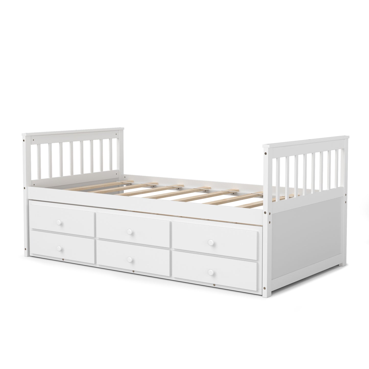 Wood Twin Captain’s Bed with Trundle and Three Storage Drawers for Kids or Guest Room White