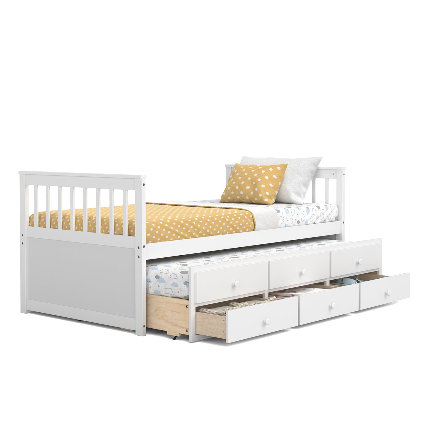 Wood Twin Captain’s Bed with Trundle and Three Storage Drawers for Kids or Guest Room White