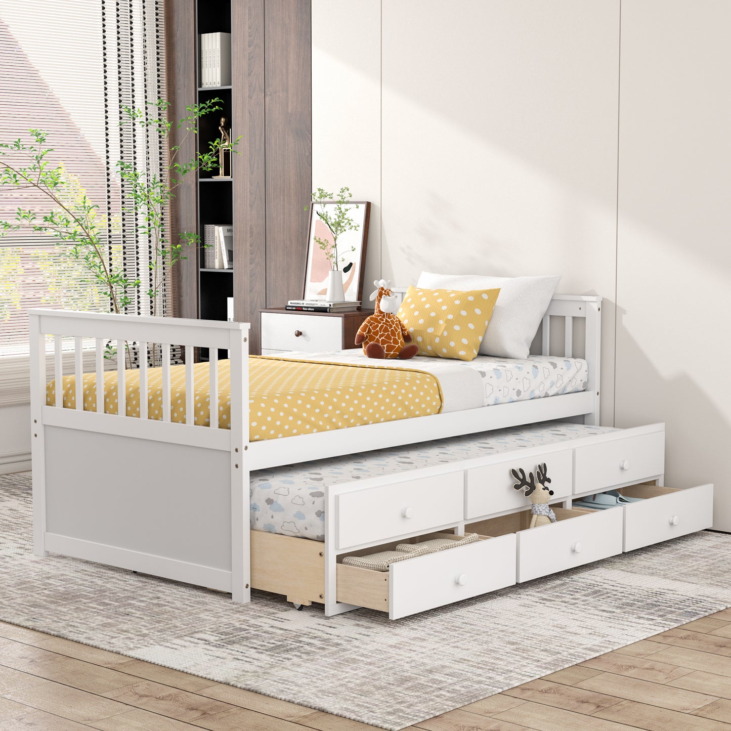 Wood Twin Captain’s Bed with Trundle and Three Storage Drawers for Kids or Guest Room White