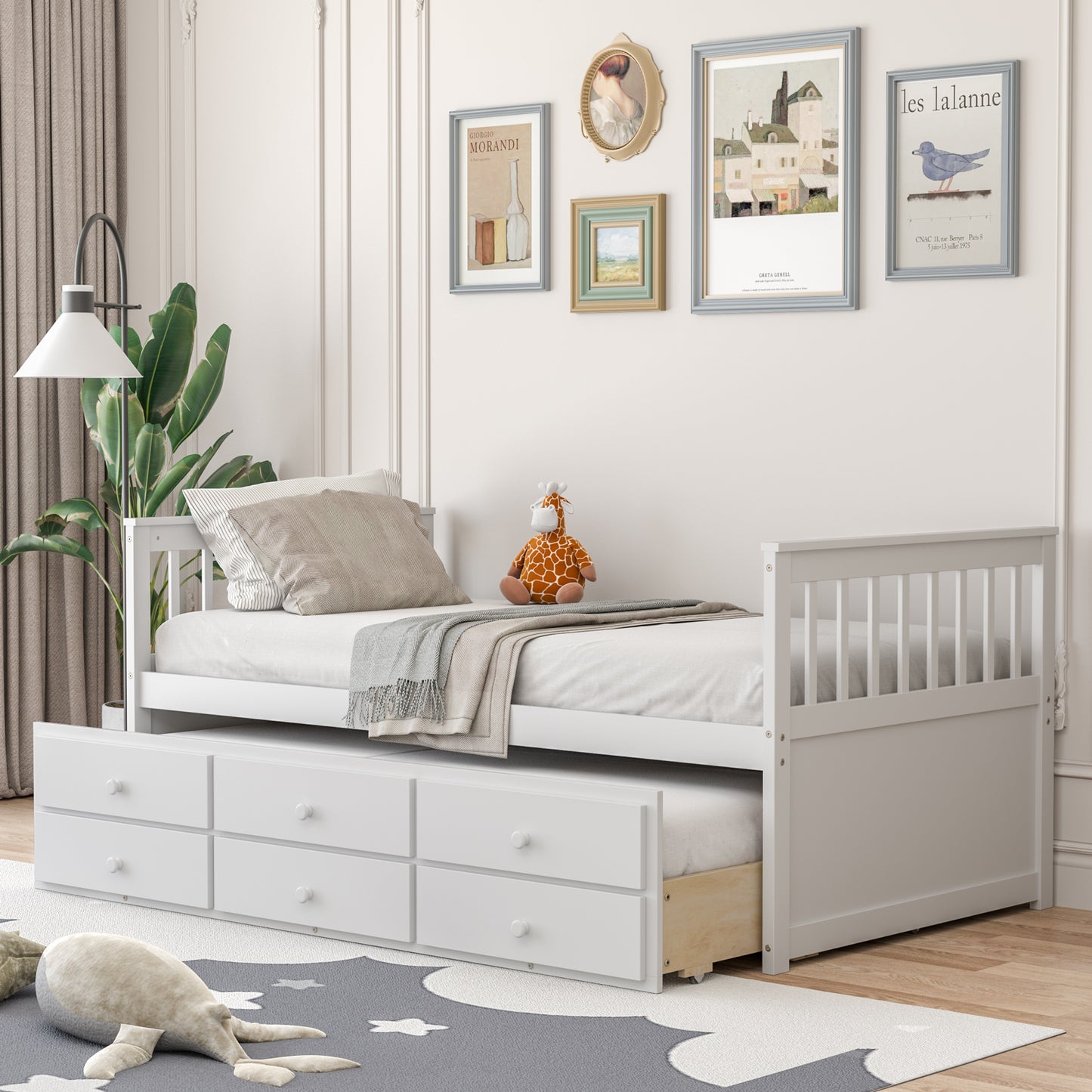 Wood Twin Captain’s Bed with Trundle and Three Storage Drawers for Kids or Guest Room White