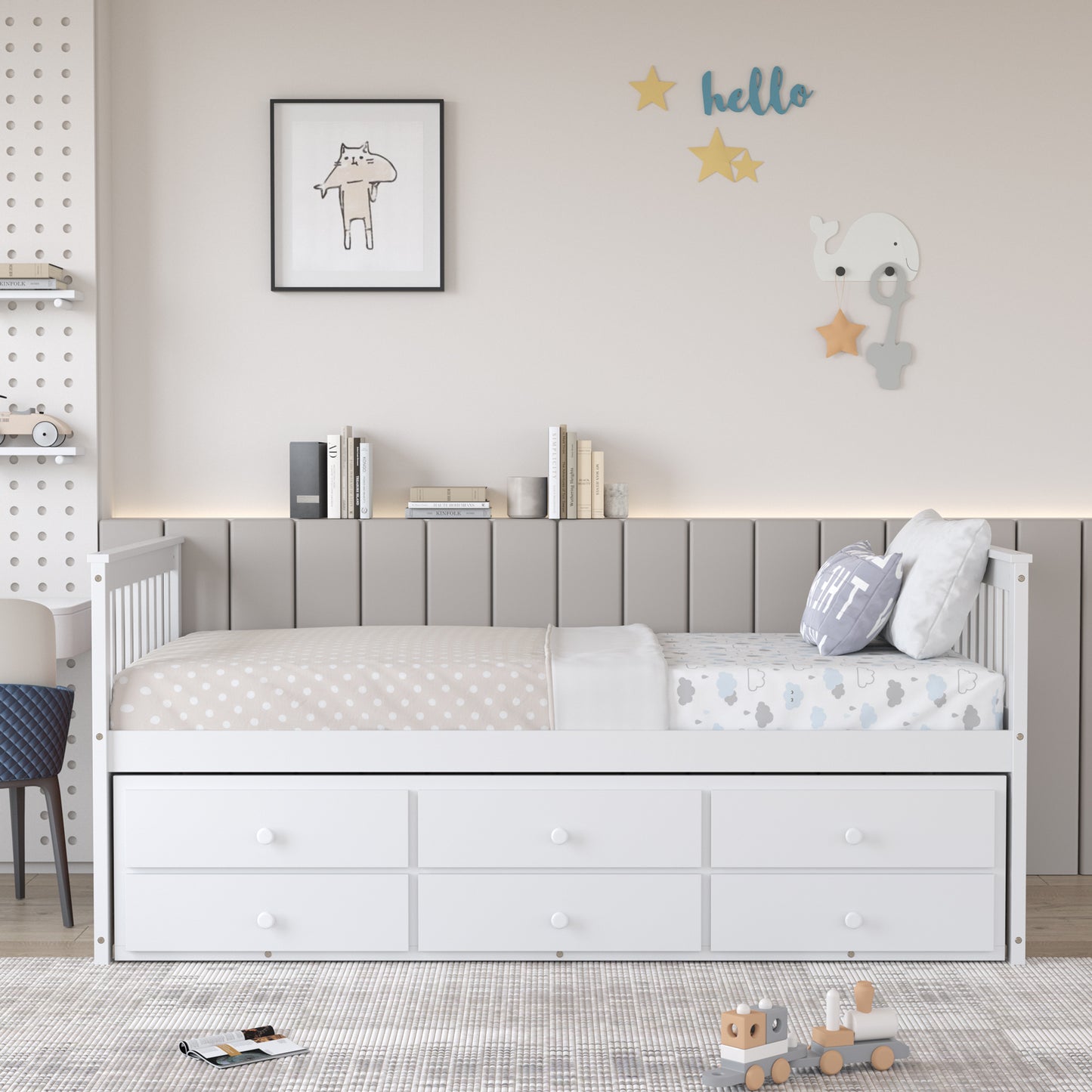 Wood Twin Captain’s Bed with Trundle and Three Storage Drawers for Kids or Guest Room White
