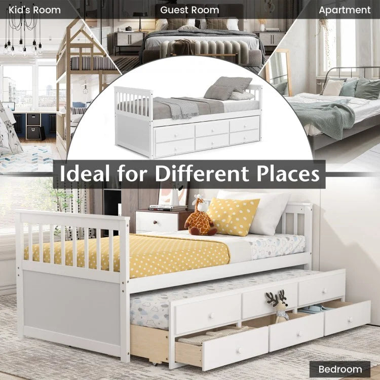 Wood Twin Captain’s Bed with Trundle and Three Storage Drawers for Kids or Guest Room White