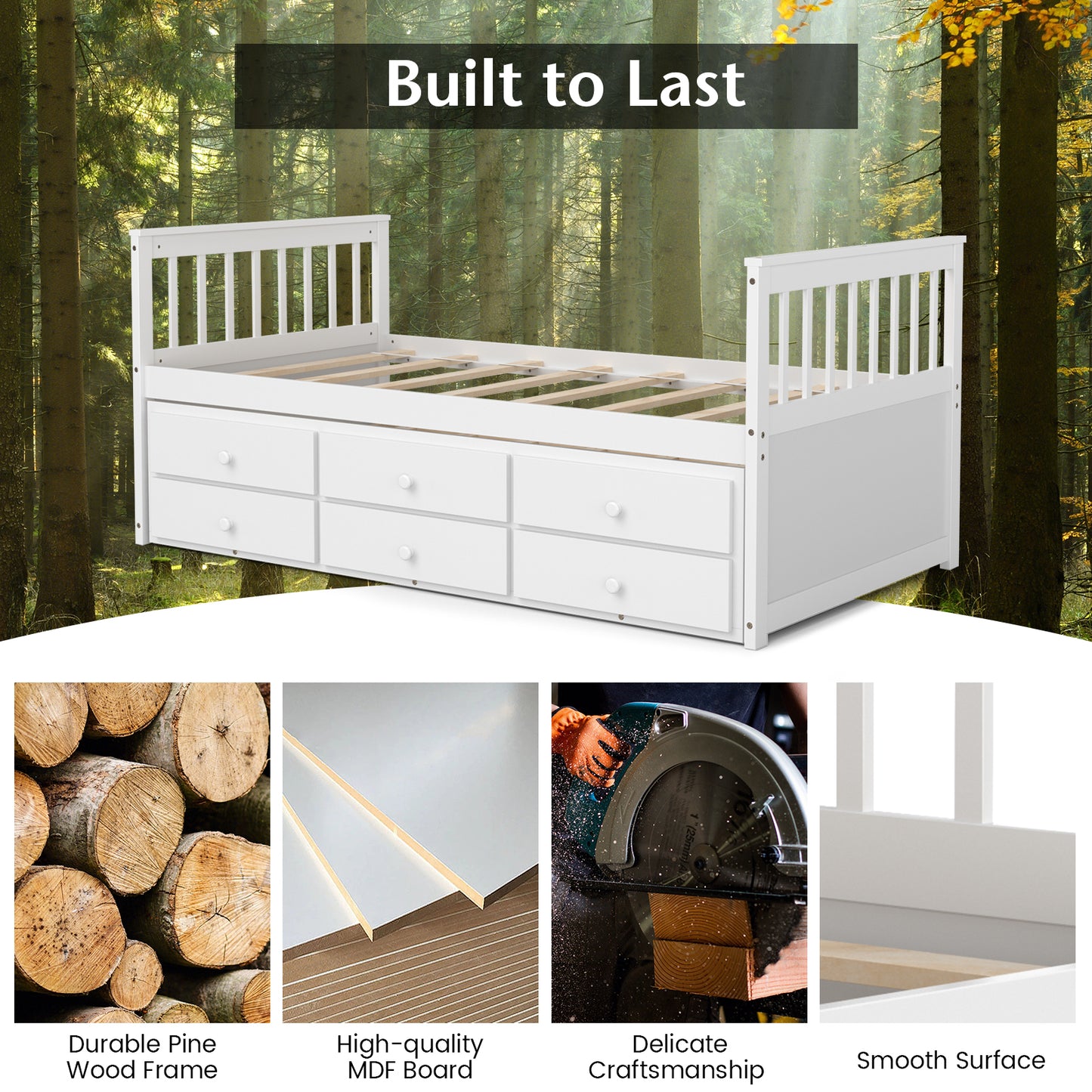 Wood Twin Captain’s Bed with Trundle and Three Storage Drawers for Kids or Guest Room White