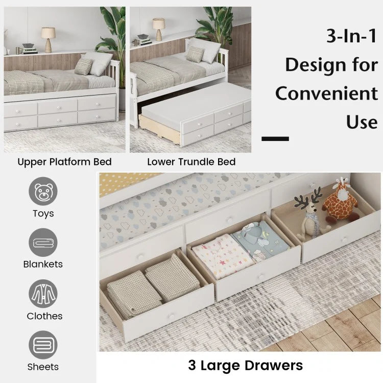 Wood Twin Captain’s Bed with Trundle and Three Storage Drawers for Kids or Guest Room White
