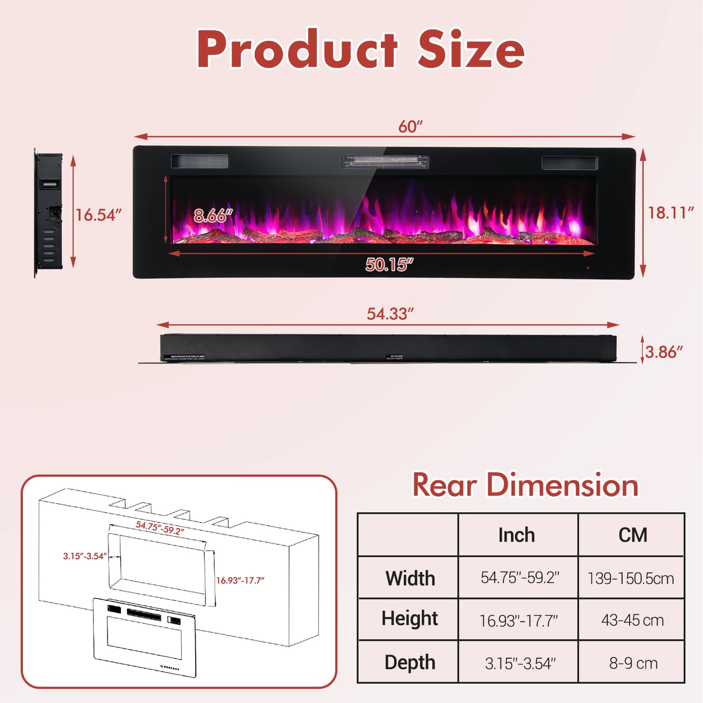 60 Inch Ultra Slim Electric Fireplace with Remote and Adjustable Timer