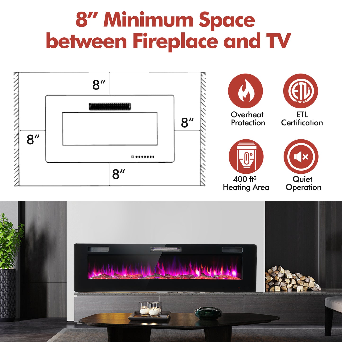 60 Inch Ultra Slim Electric Fireplace with Remote and Adjustable Timer