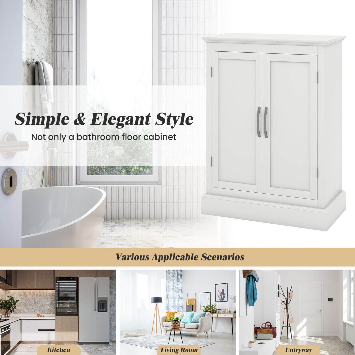 2 Door Freestanding Storage Cabinet with Adjustable Shelves and Waterproof Finish