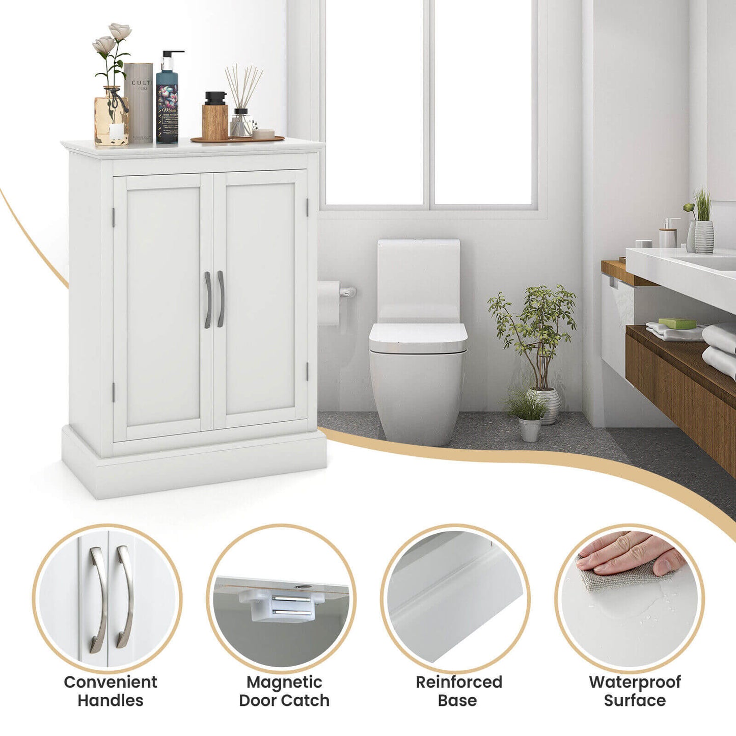 2 Door Freestanding Storage Cabinet with Adjustable Shelves and Waterproof Finish