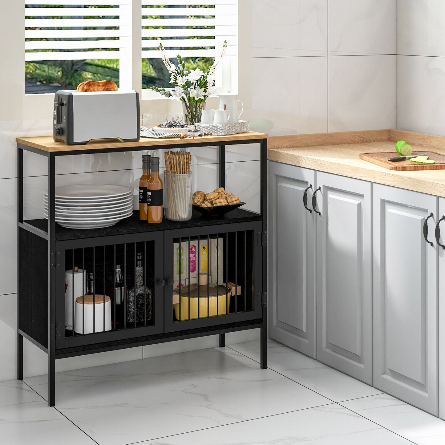 Modern Kitchen Buffet Storage Cabinet with Dual Doors and Open Display Shelf
