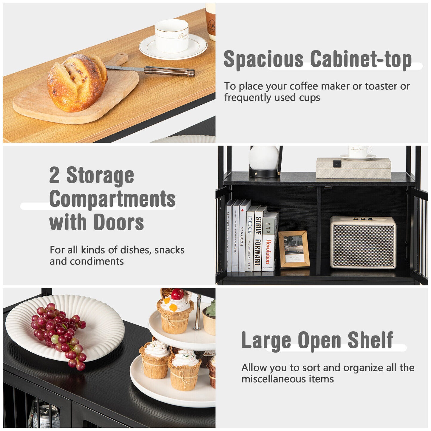 Modern Kitchen Buffet Storage Cabinet with Dual Doors and Open Display Shelf