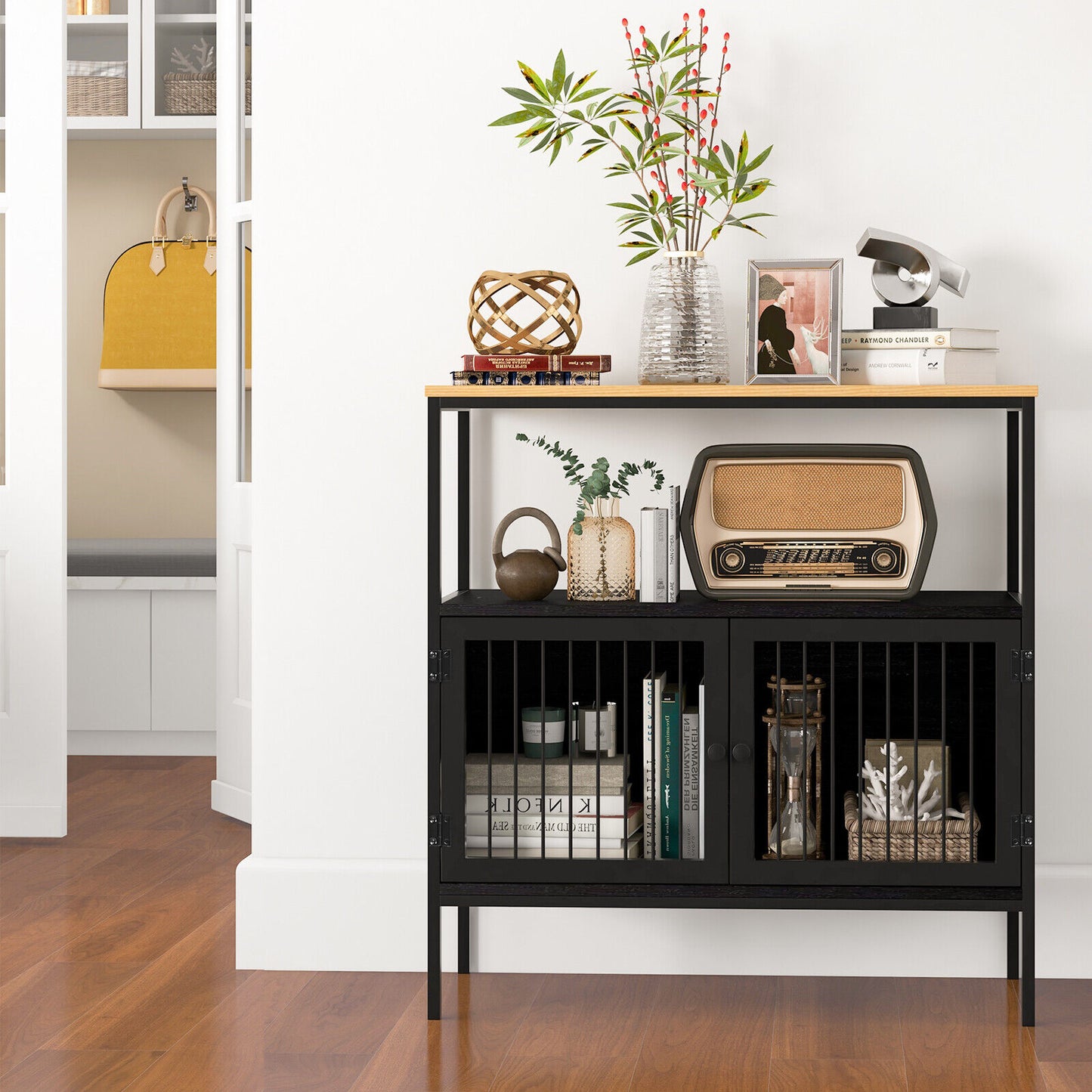 Modern Kitchen Buffet Storage Cabinet with Dual Doors and Open Display Shelf