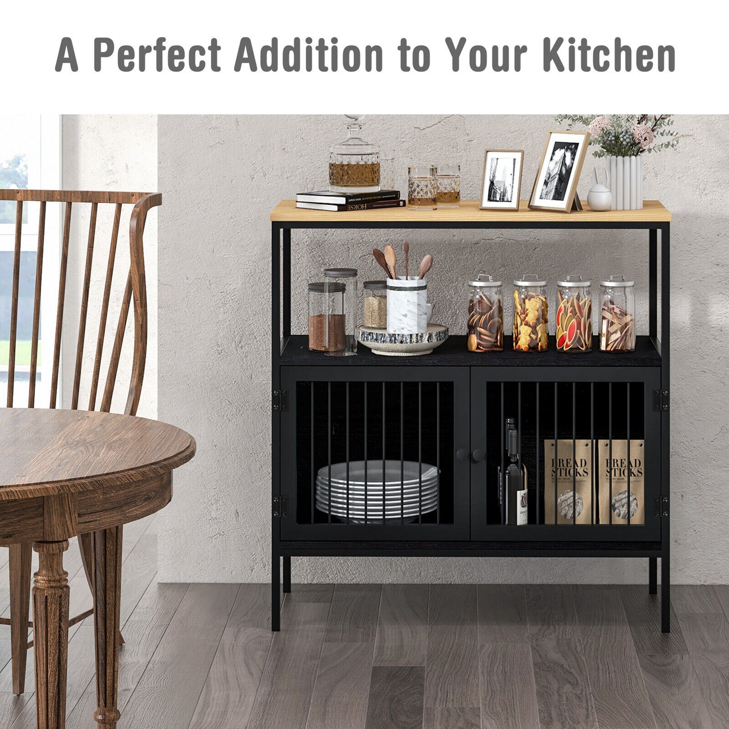 Modern Kitchen Buffet Storage Cabinet with Dual Doors and Open Display Shelf