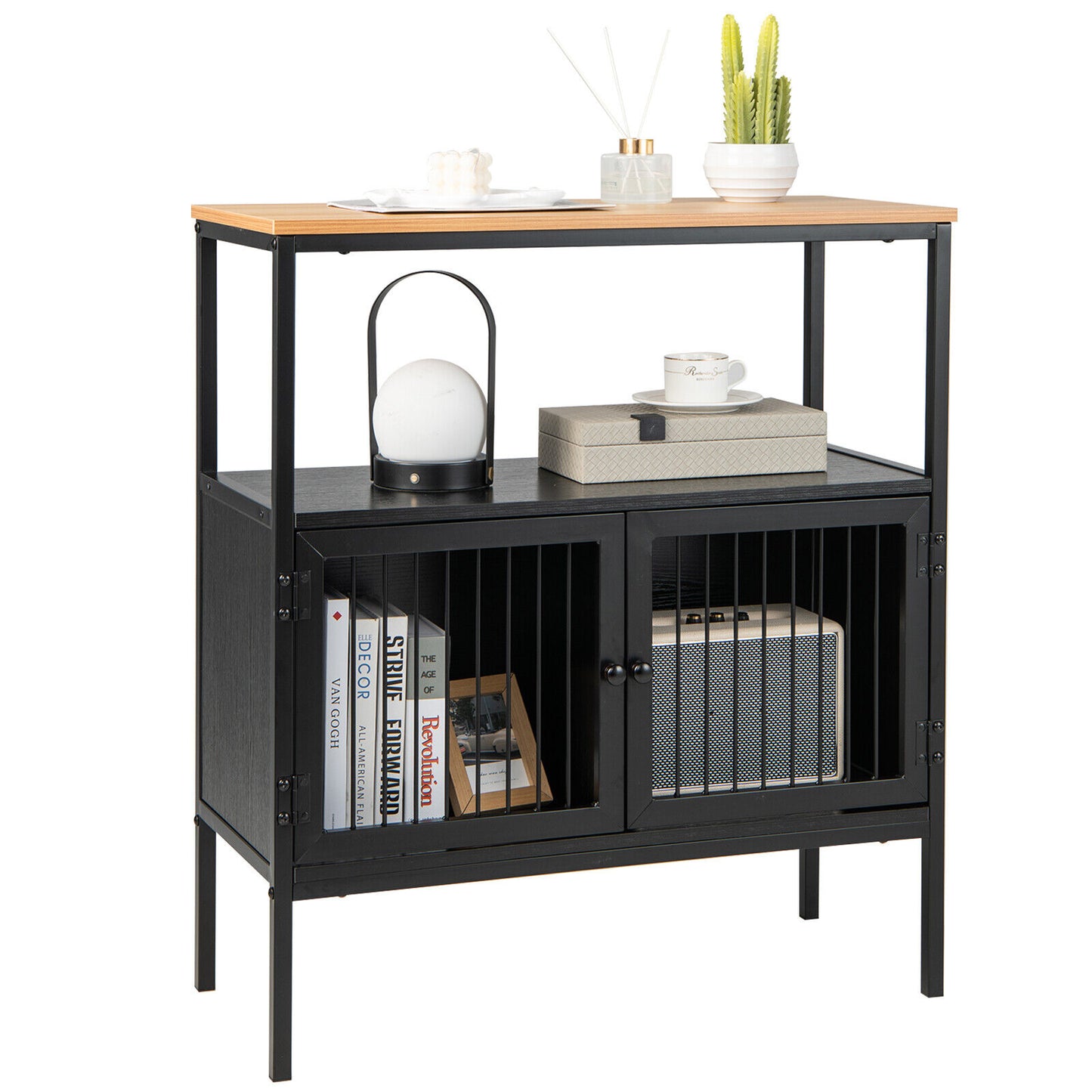 Modern Kitchen Buffet Storage Cabinet with Dual Doors and Open Display Shelf