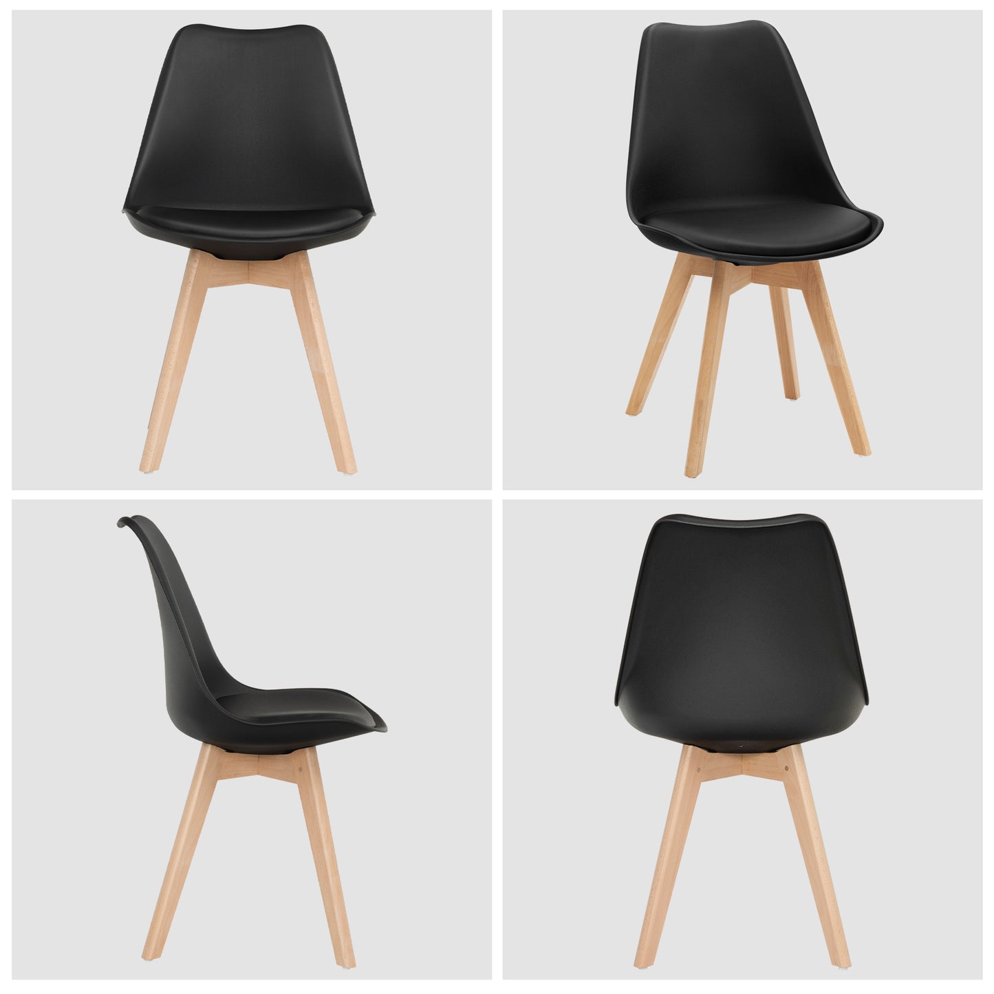 Set of 4 Modern Dining Chairs with PU Leather Seats and Wooden Legs – Mid-Century Black