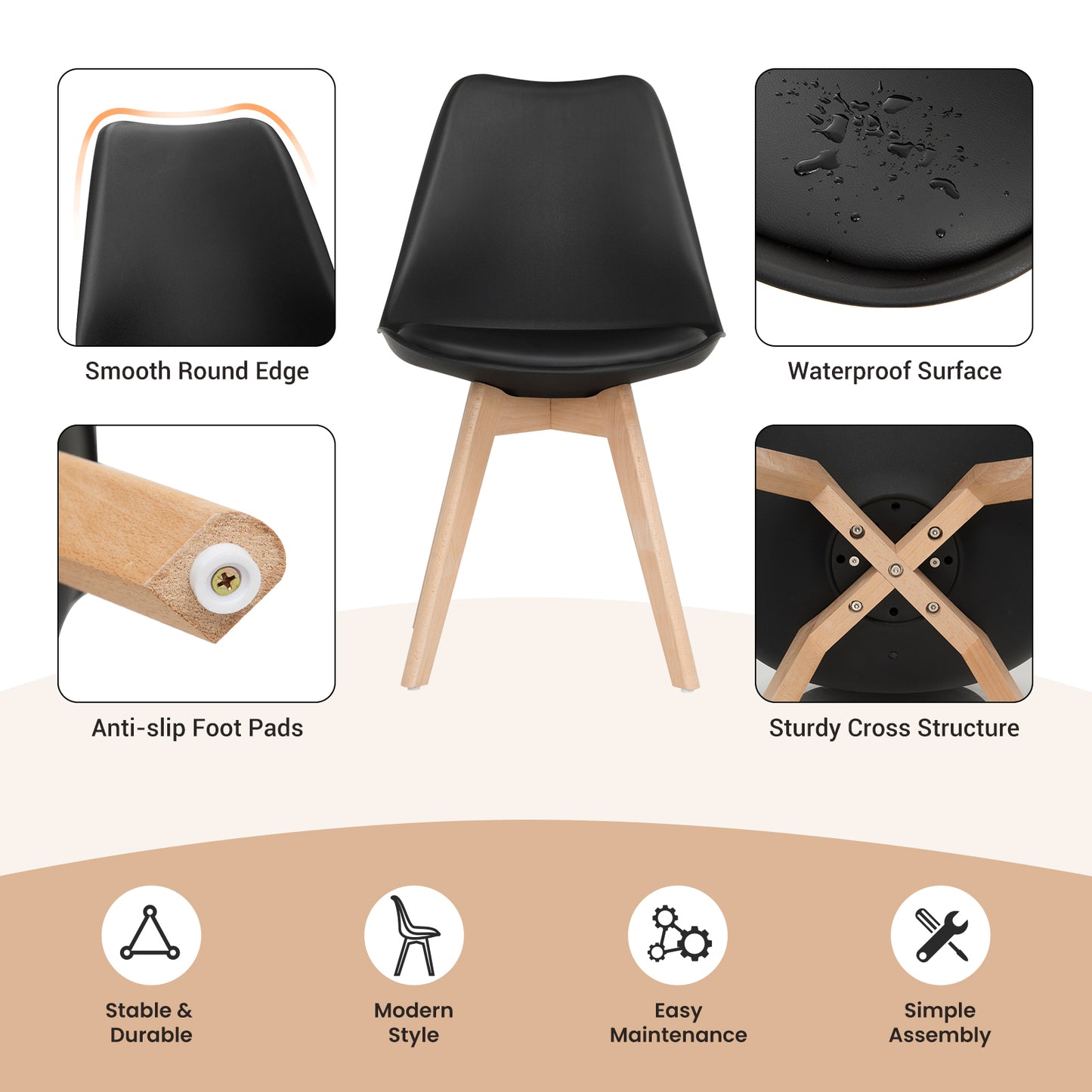 Set of 4 Modern Dining Chairs with PU Leather Seats and Wooden Legs – Mid-Century Black