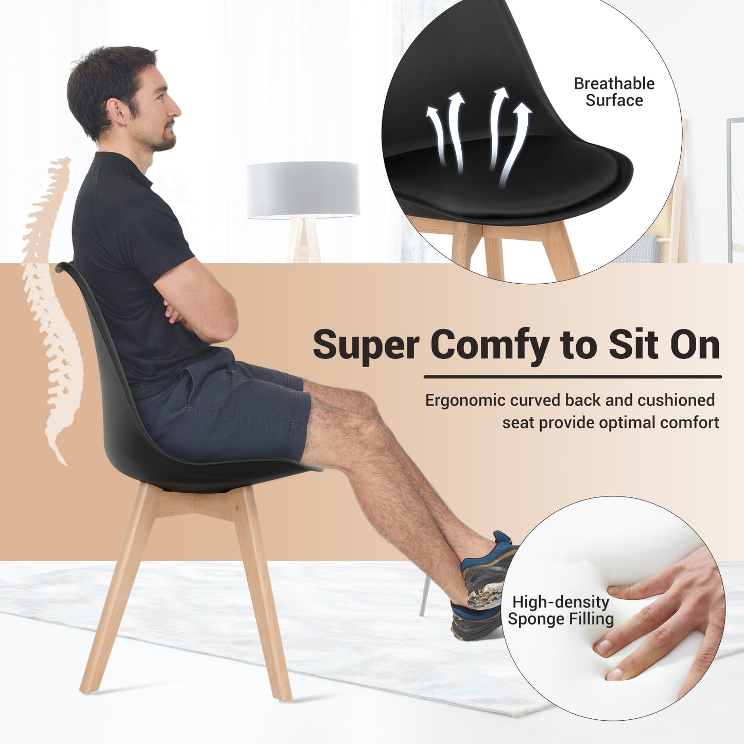 Set of 4 Modern Dining Chairs with PU Leather Seats and Wooden Legs – Mid-Century Black