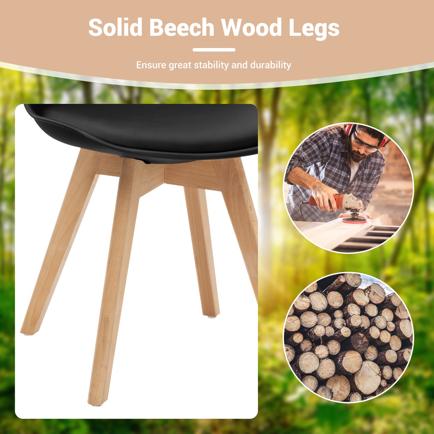 Set of 4 Modern Dining Chairs with PU Leather Seats and Wooden Legs – Mid-Century Black
