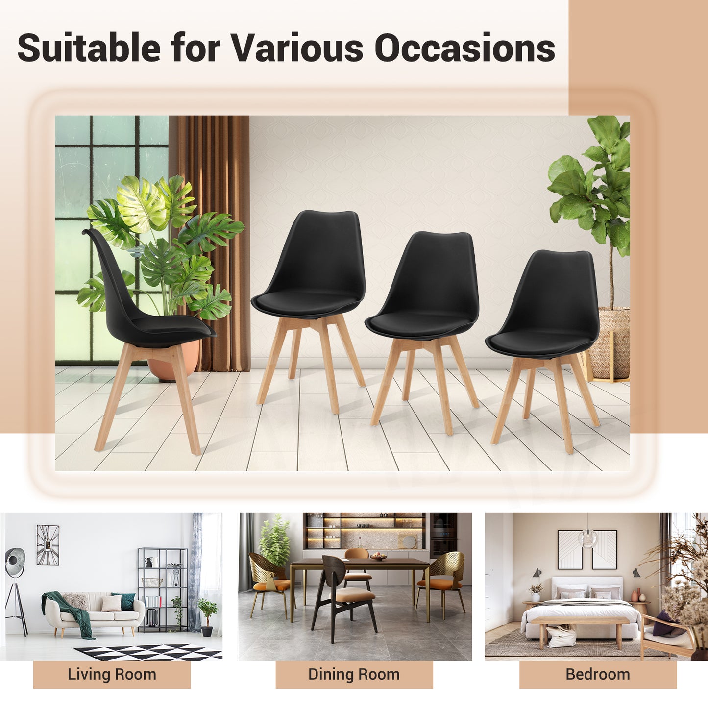 Set of 4 Modern Dining Chairs with PU Leather Seats and Wooden Legs – Mid-Century Black