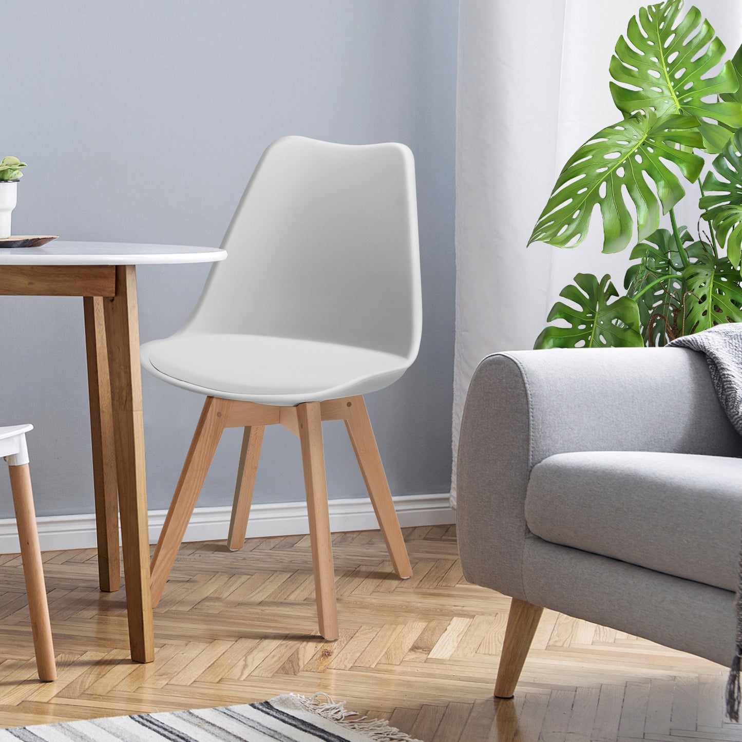 Set of 4 Modern Dining Chairs with PU Leather Seats and Wooden Legs – Mid-Century White
