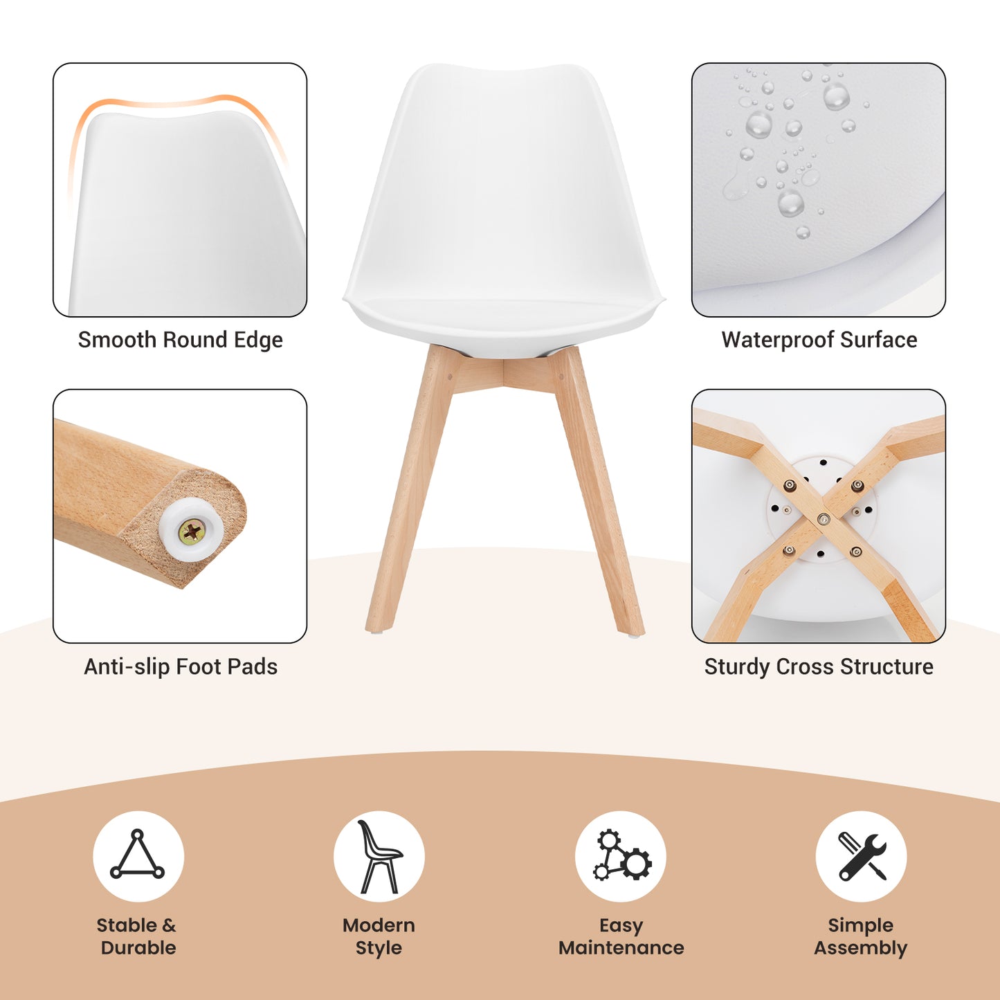 Set of 4 Modern Dining Chairs with PU Leather Seats and Wooden Legs – Mid-Century White