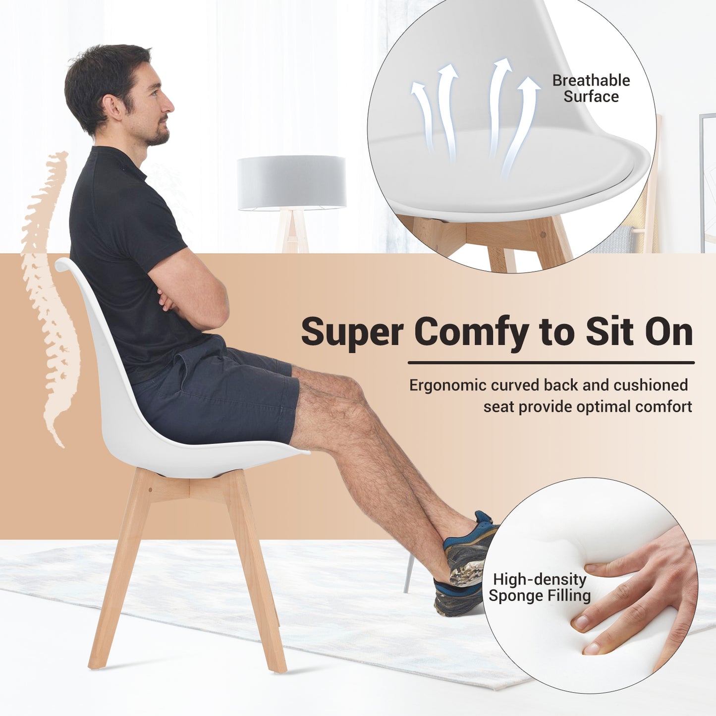Set of 4 Modern Dining Chairs with PU Leather Seats and Wooden Legs – Mid-Century White