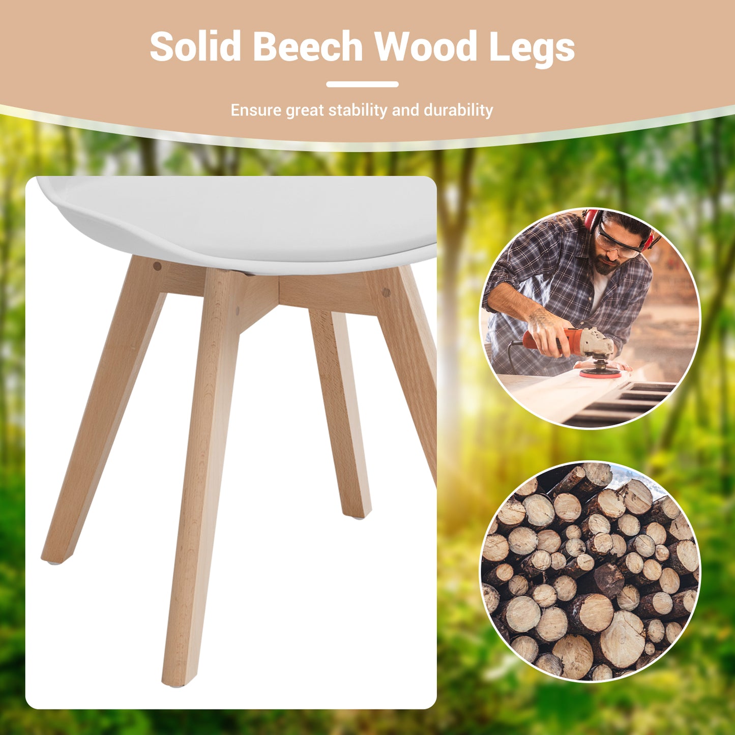 Set of 4 Modern Dining Chairs with PU Leather Seats and Wooden Legs – Mid-Century White