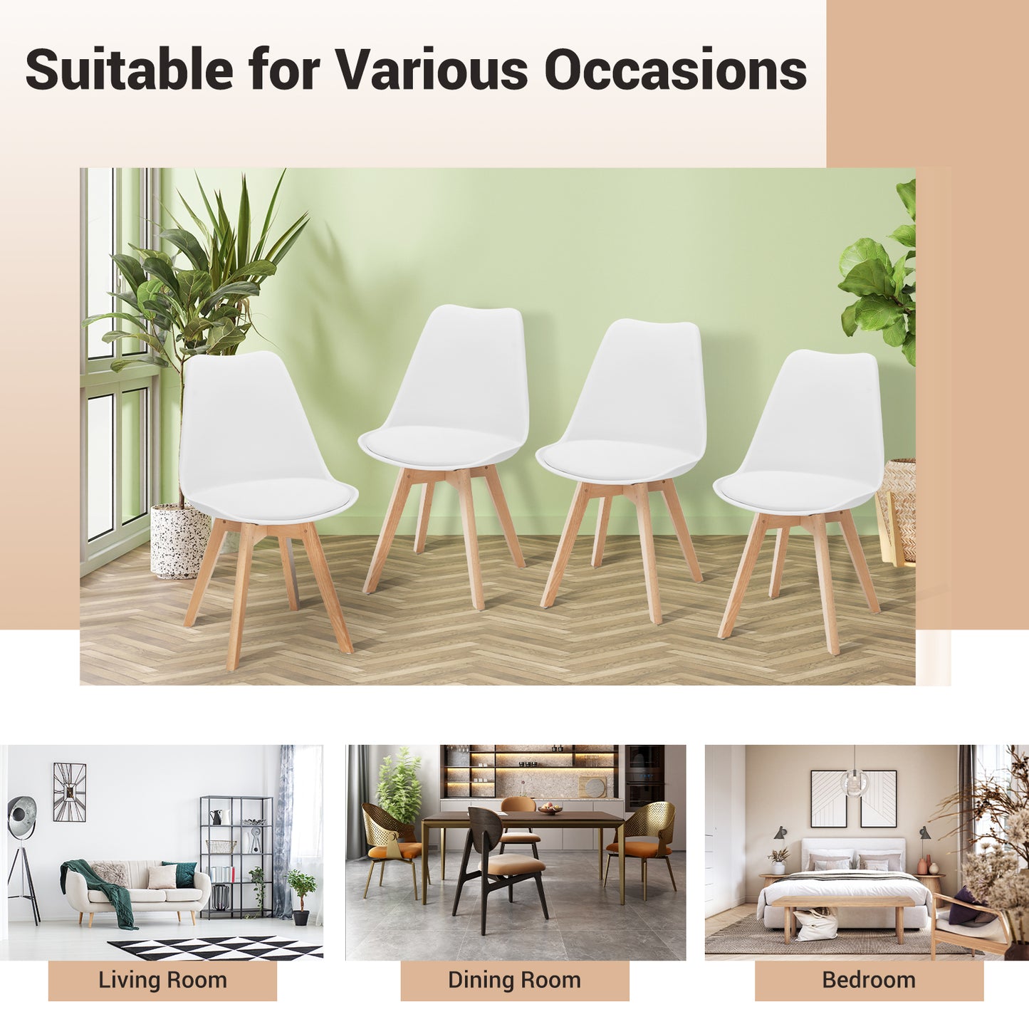 Set of 4 Modern Dining Chairs with PU Leather Seats and Wooden Legs – Mid-Century White