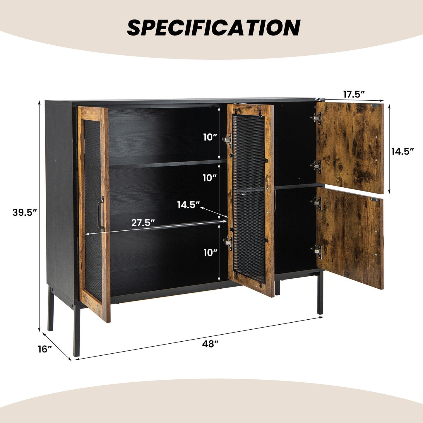 48 Inch Industrial Buffet Sideboard with Metal Mesh Doors and Safety Anti-Tip Wall Anchor