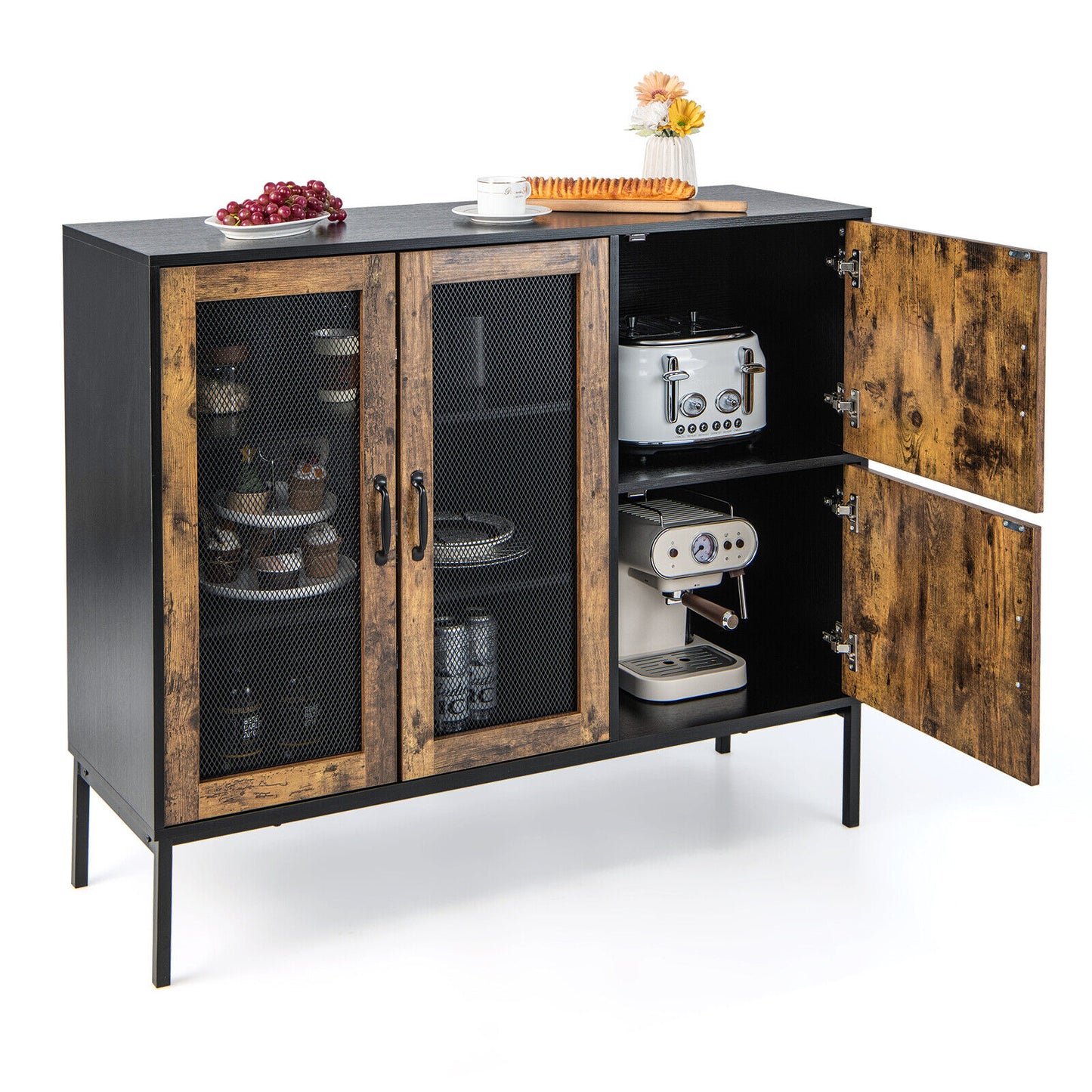 48 Inch Industrial Buffet Sideboard with Metal Mesh Doors and Safety Anti-Tip Wall Anchor