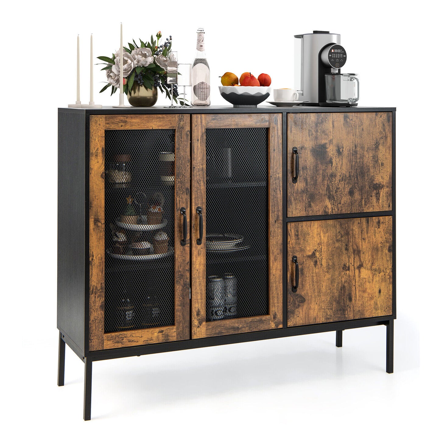 48 Inch Industrial Buffet Sideboard with Metal Mesh Doors and Safety Anti-Tip Wall Anchor