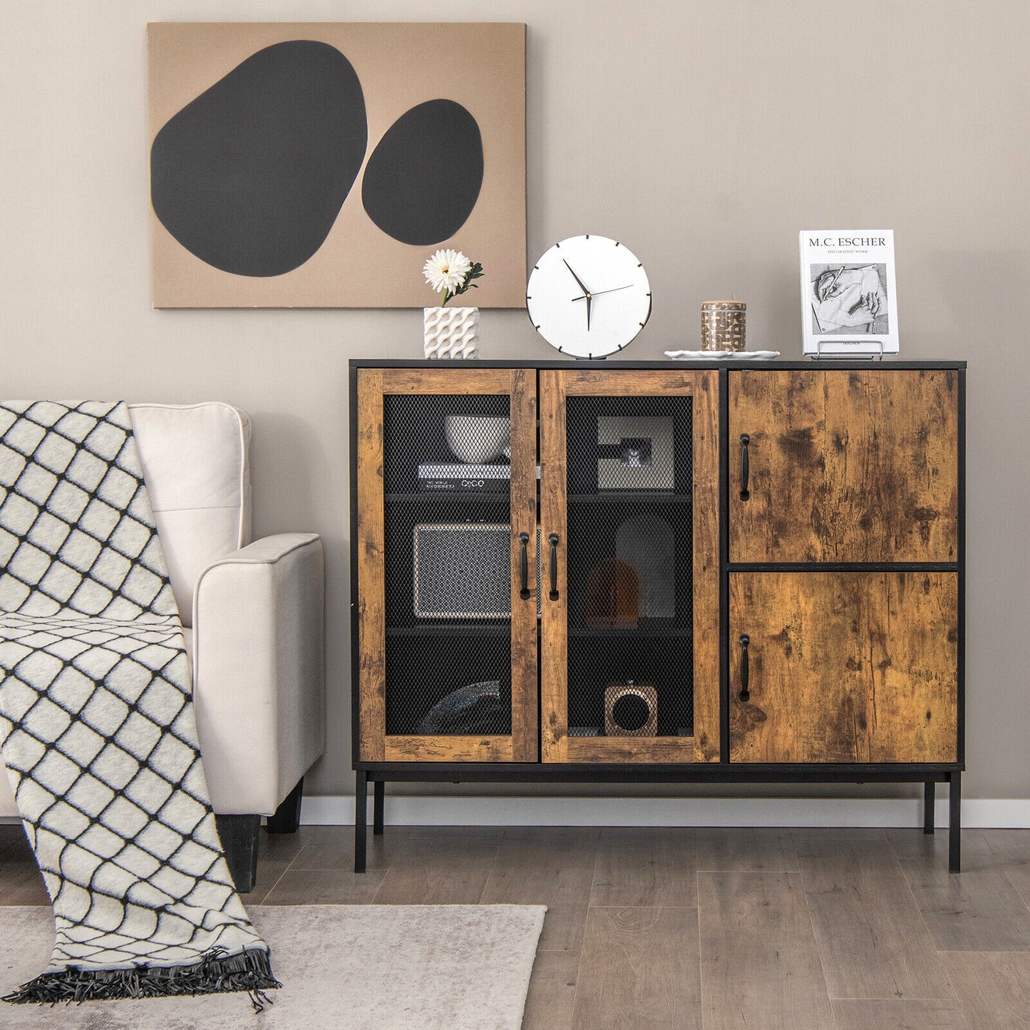 48 Inch Industrial Buffet Sideboard with Metal Mesh Doors and Safety Anti-Tip Wall Anchor