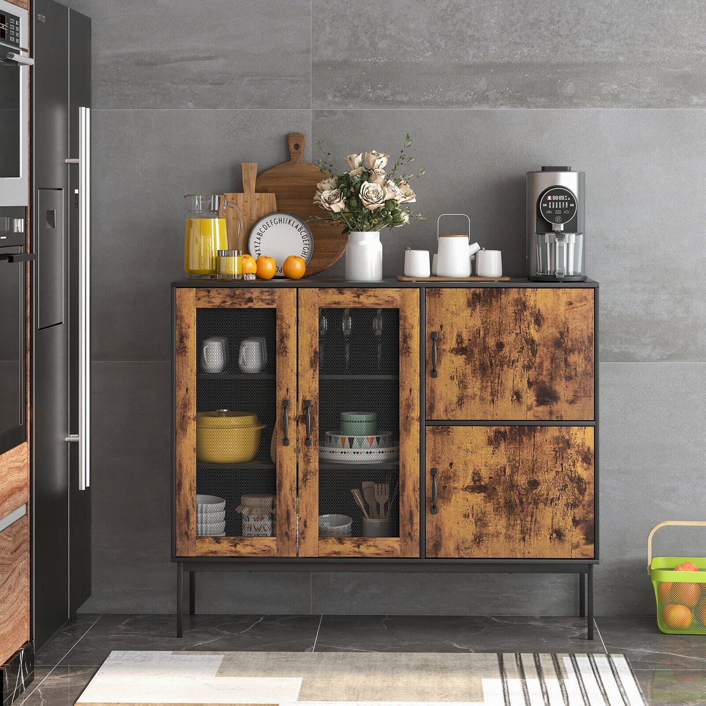 48 Inch Industrial Buffet Sideboard with Metal Mesh Doors and Safety Anti-Tip Wall Anchor