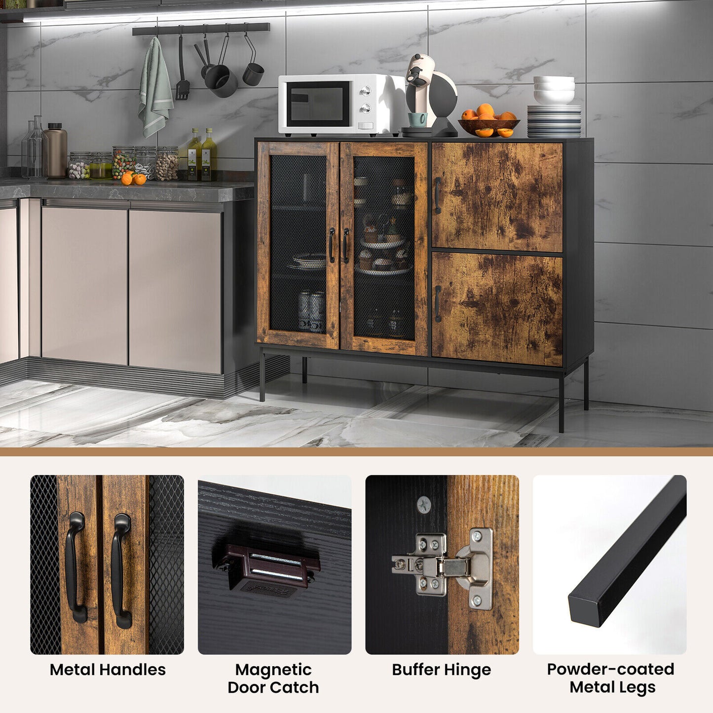 48 Inch Industrial Buffet Sideboard with Metal Mesh Doors and Safety Anti-Tip Wall Anchor
