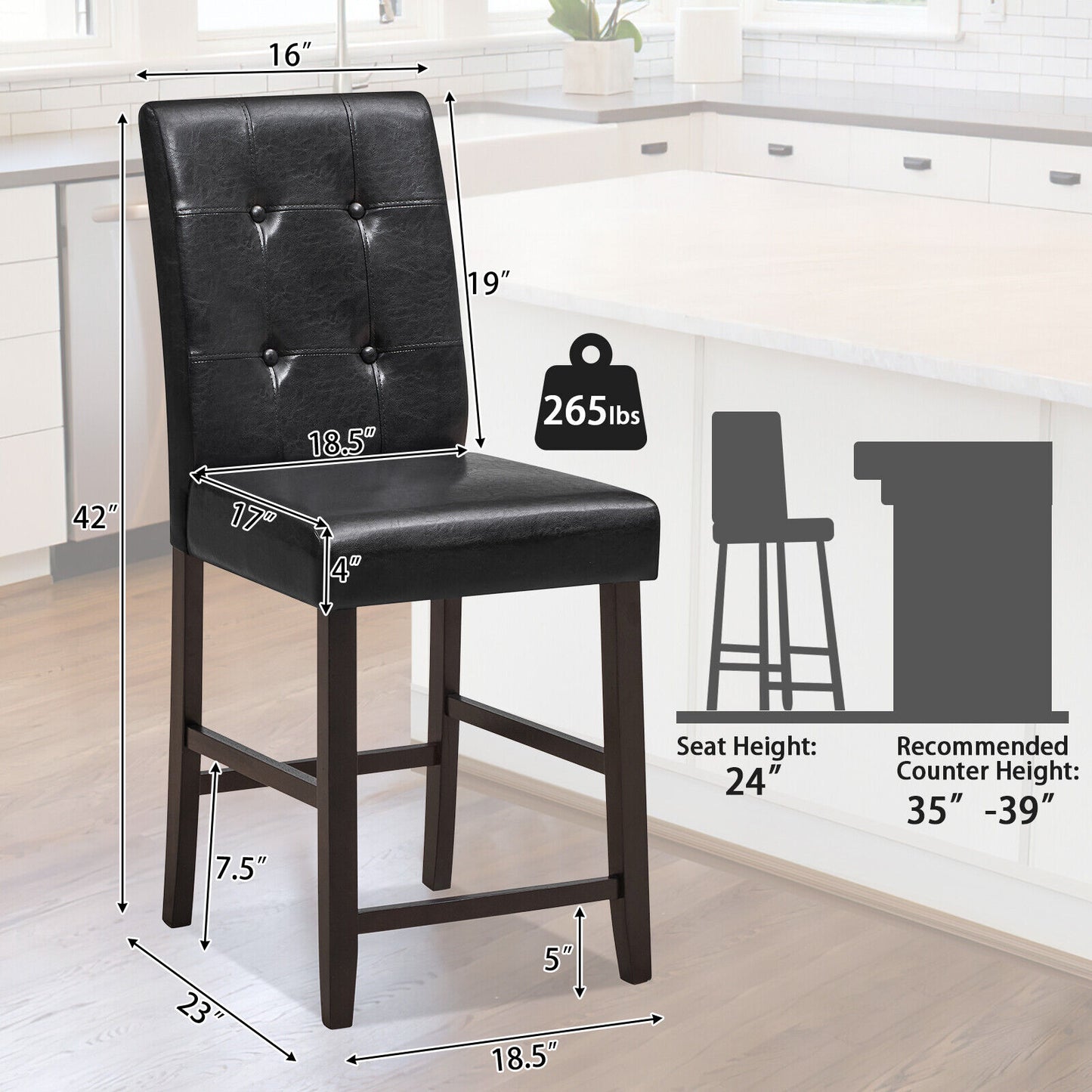 Set of 2 PU Leather Bar Chairs with Padded Seat, Button Tufted Back and Sturdy Rubber Wood Legs