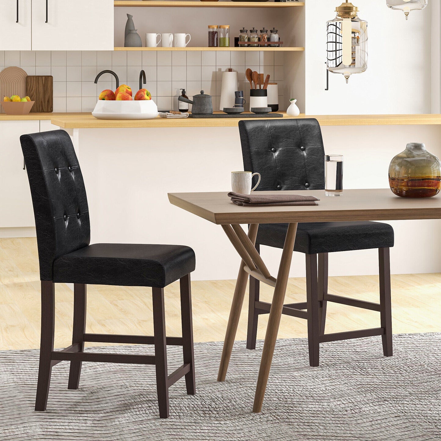Set of 2 PU Leather Bar Chairs with Padded Seat, Button Tufted Back and Sturdy Rubber Wood Legs