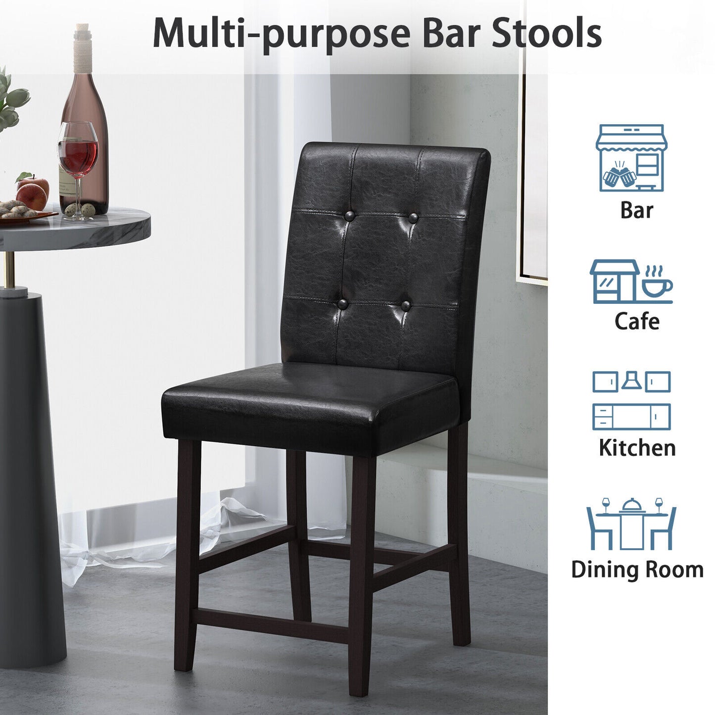 Set of 2 PU Leather Bar Chairs with Padded Seat, Button Tufted Back and Sturdy Rubber Wood Legs