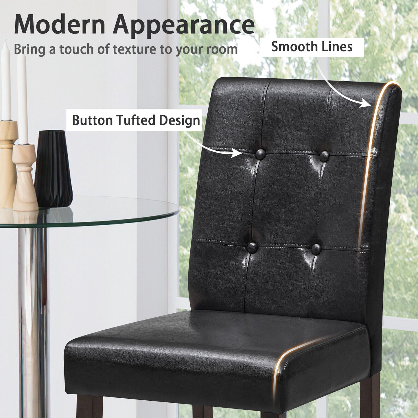 Set of 2 PU Leather Bar Chairs with Padded Seat, Button Tufted Back and Sturdy Rubber Wood Legs