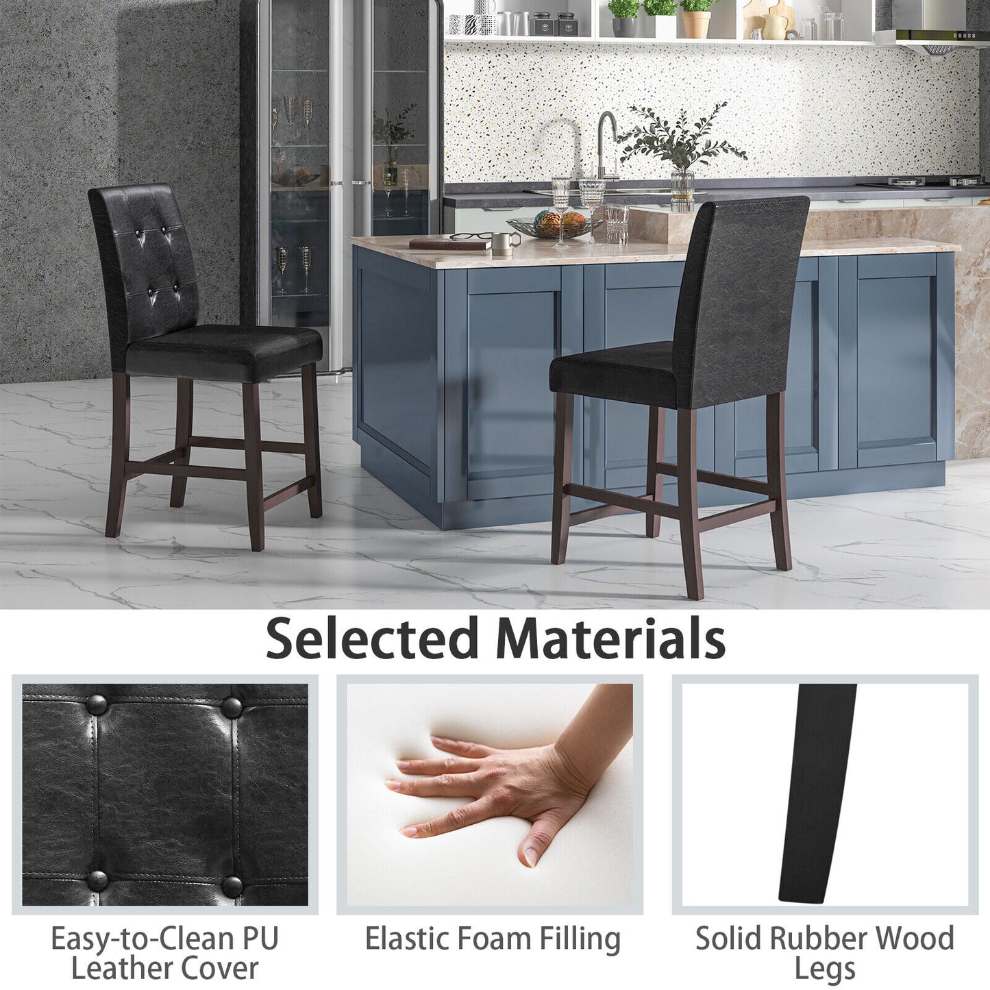 Set of 2 PU Leather Bar Chairs with Padded Seat, Button Tufted Back and Sturdy Rubber Wood Legs