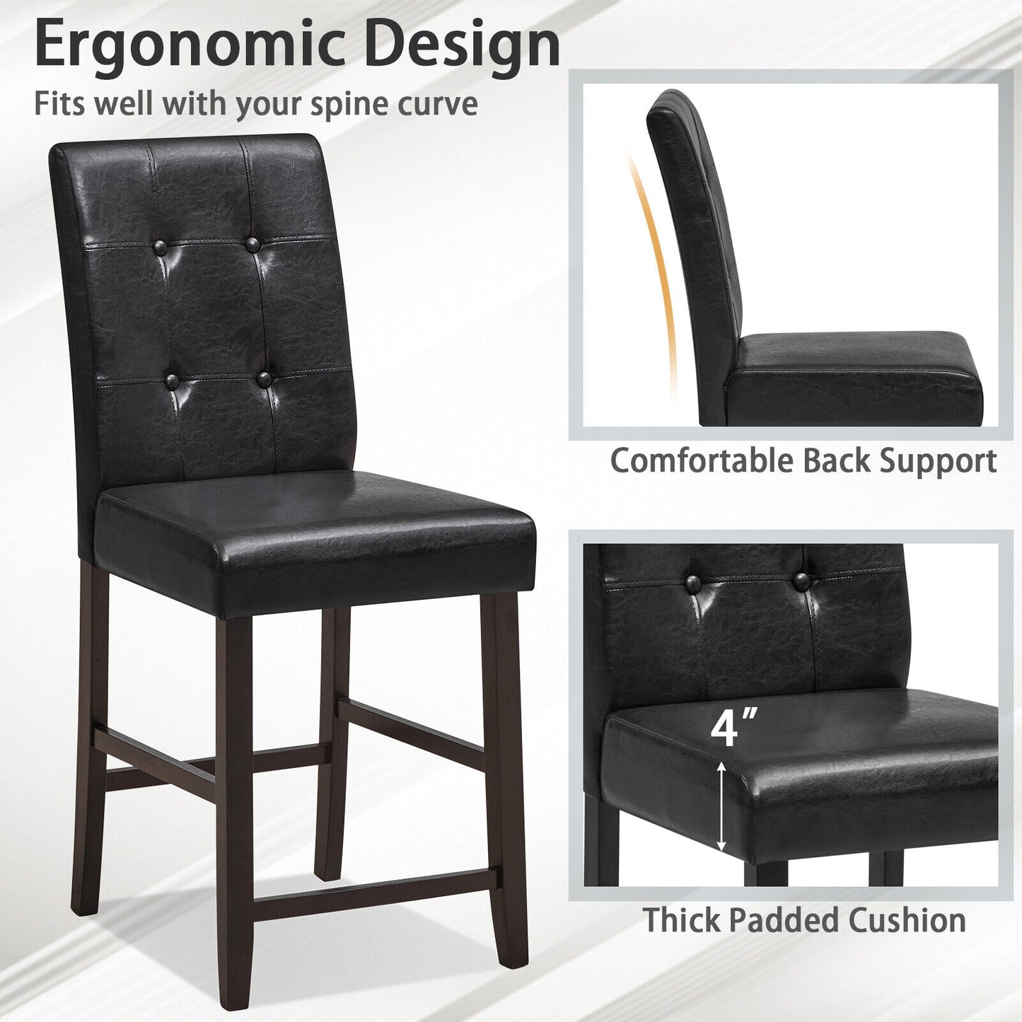 Set of 2 PU Leather Bar Chairs with Padded Seat, Button Tufted Back and Sturdy Rubber Wood Legs
