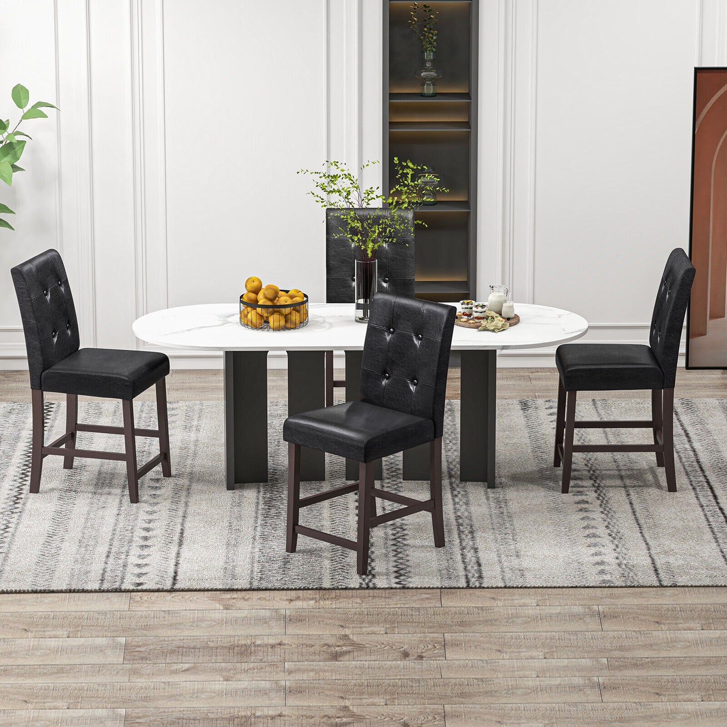 Set of 2 PU Leather Bar Chairs with Padded Seat, Button Tufted Back and Sturdy Rubber Wood Legs