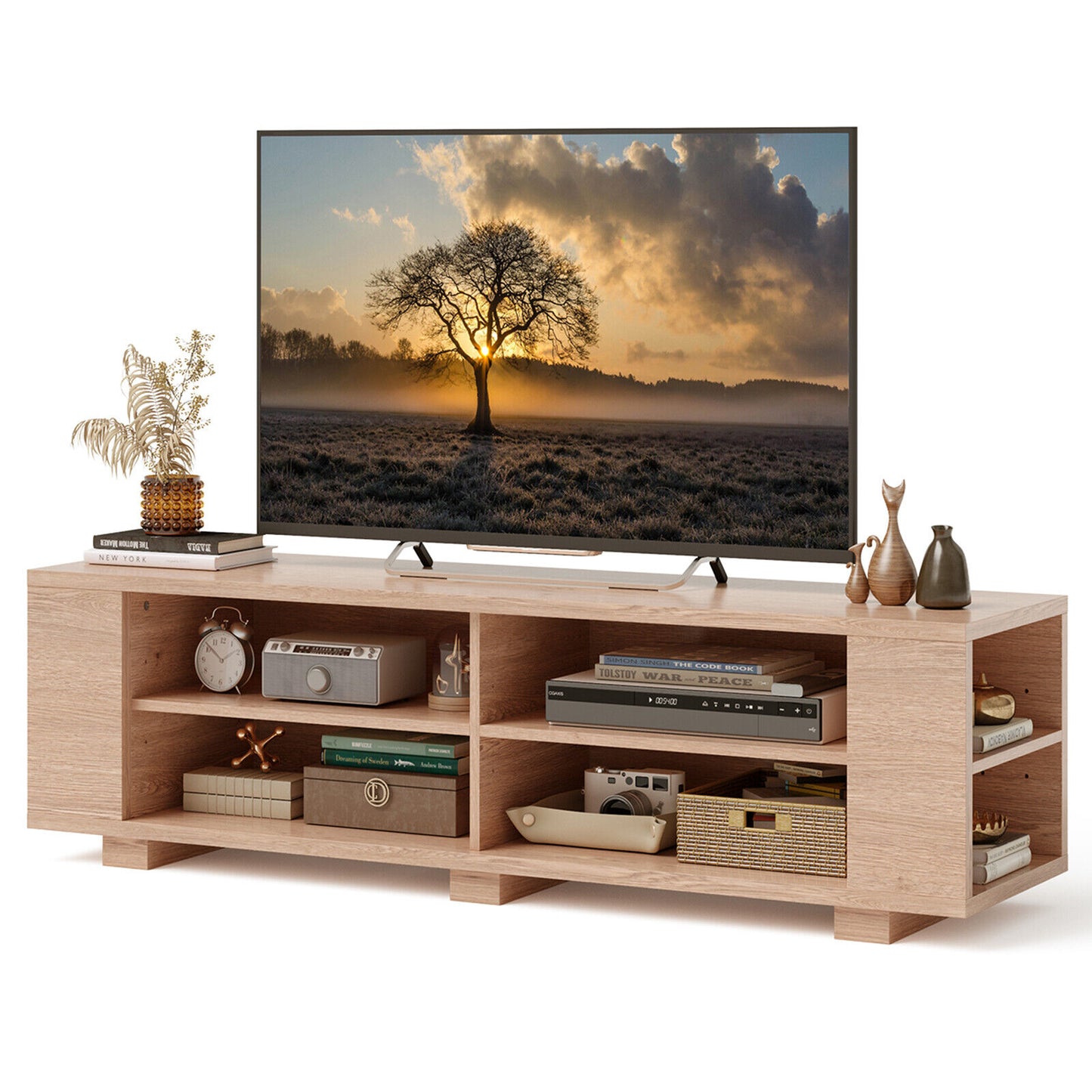 Modern 59 Inch Media Console with Adjustable Open Shelves for TVs up to 65 Inches in Natural