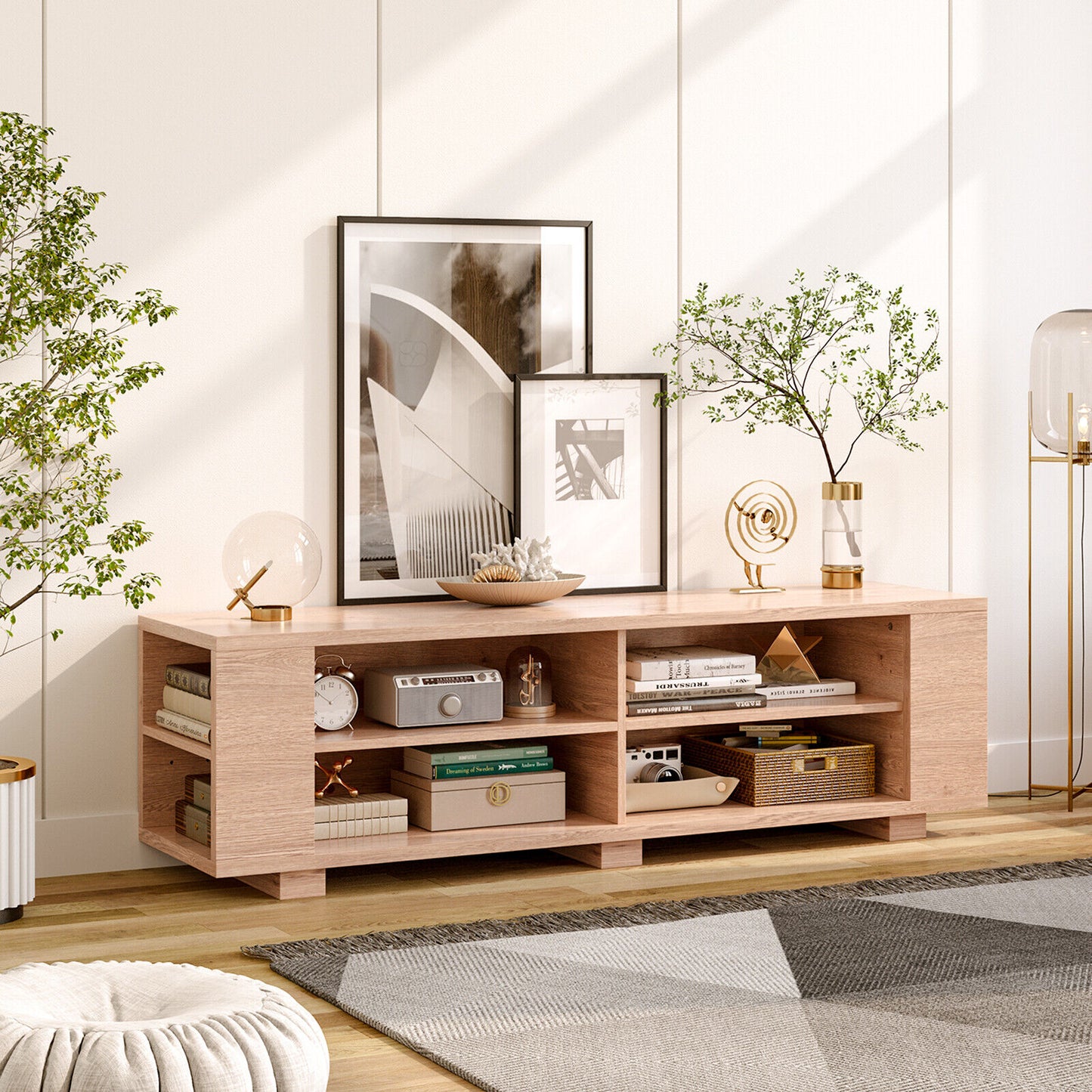 Modern 59 Inch Media Console with Adjustable Open Shelves for TVs up to 65 Inches in Natural