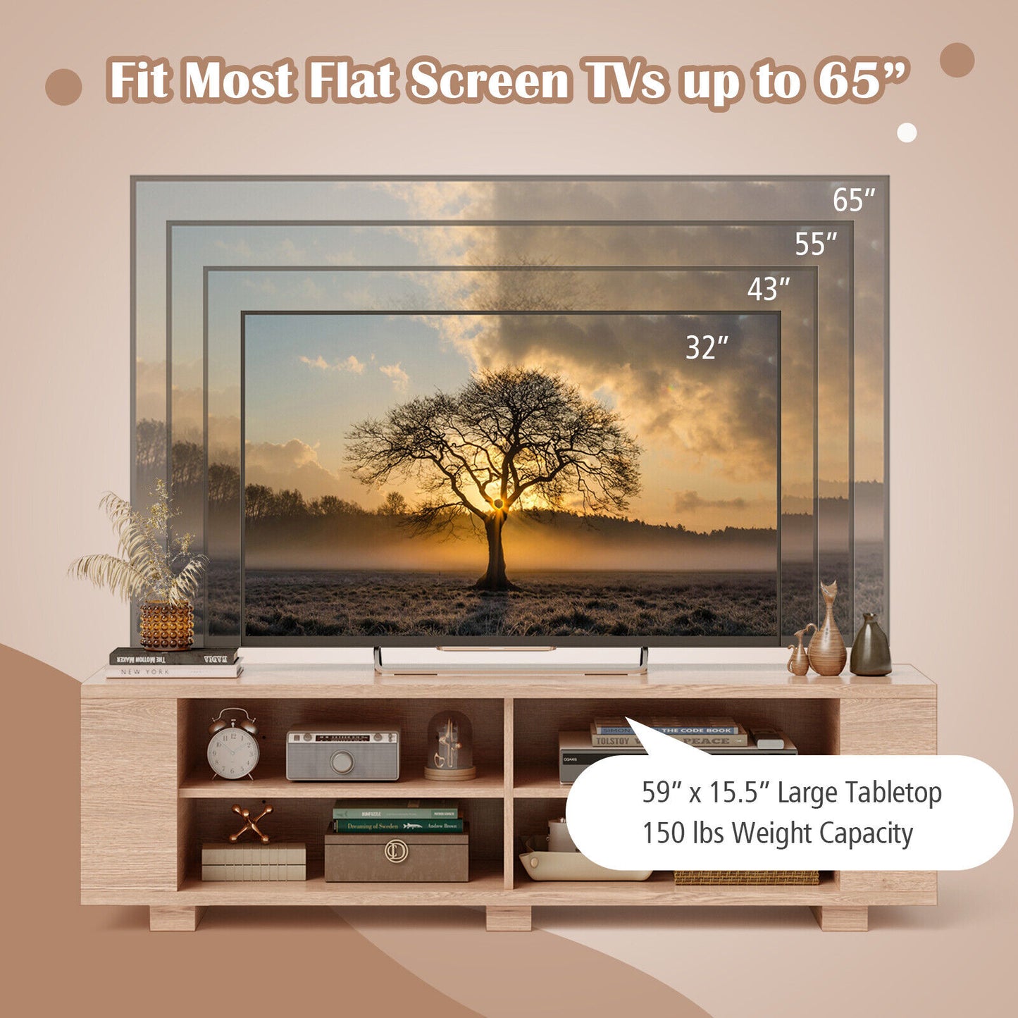 Modern 59 Inch Media Console with Adjustable Open Shelves for TVs up to 65 Inches in Natural