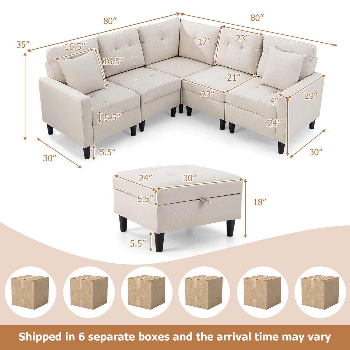 Modular L-Shaped Sectional Sofa Set with Storage Ottoman in Beige