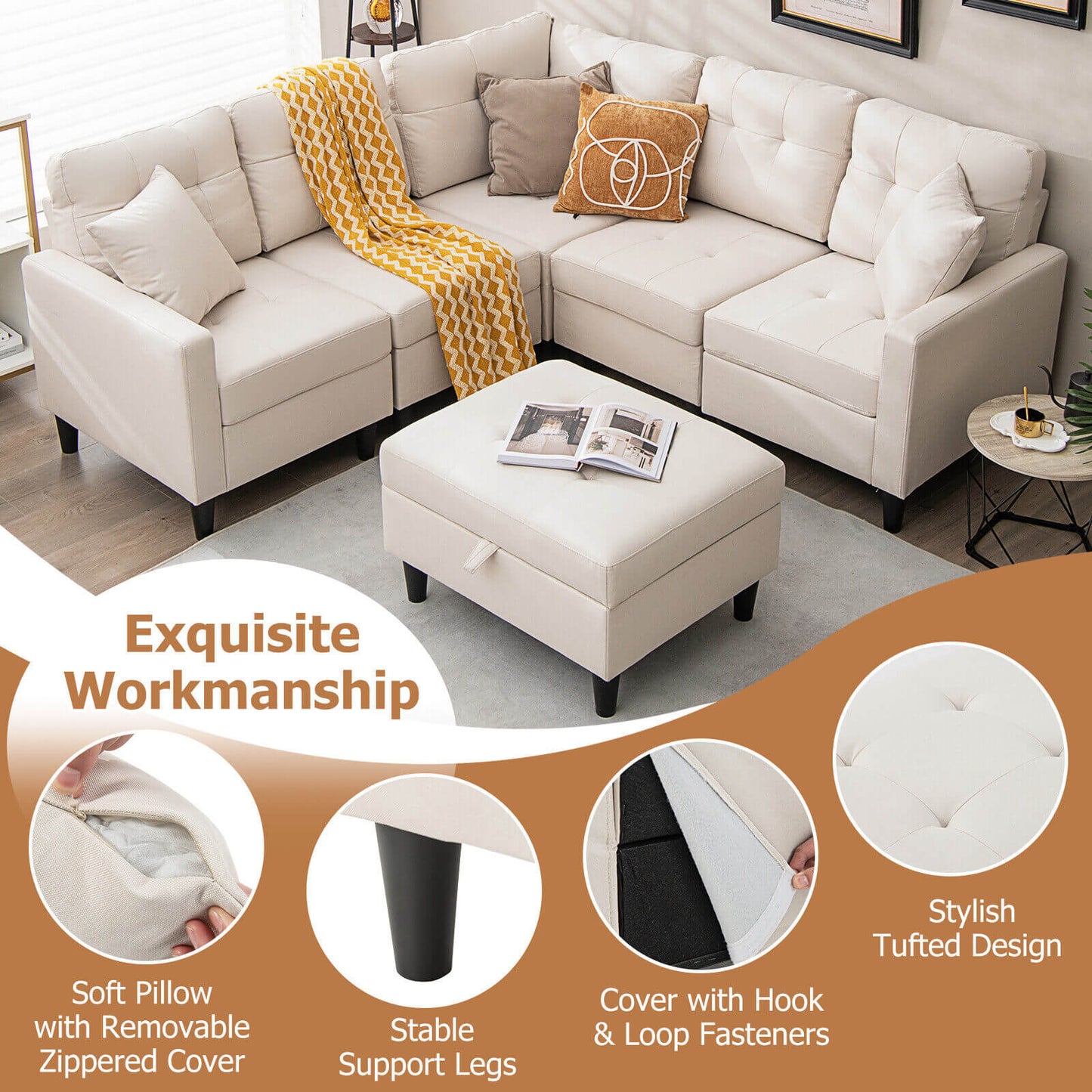 Modular L-Shaped Sectional Sofa Set with Storage Ottoman in Beige