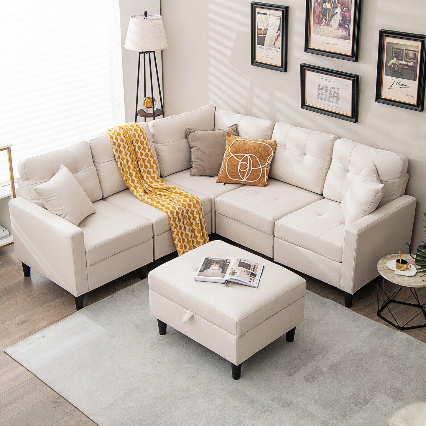 Modular L-Shaped Sectional Sofa Set with Storage Ottoman in Beige