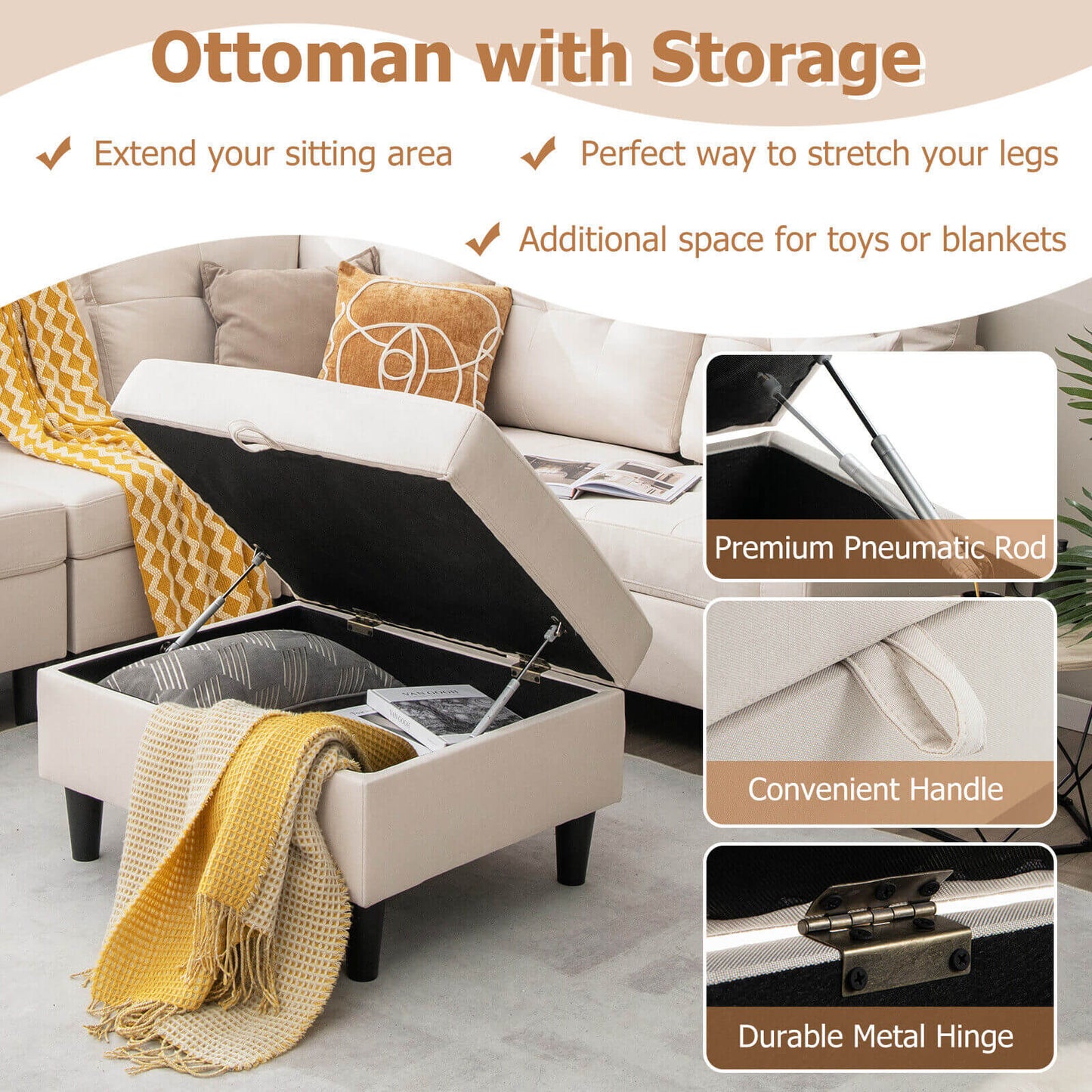 Modular L-Shaped Sectional Sofa Set with Storage Ottoman in Beige