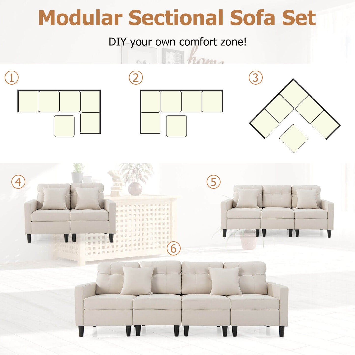 Modular L-Shaped Sectional Sofa Set with Storage Ottoman in Beige