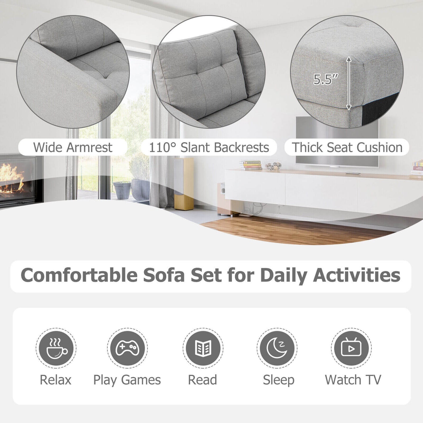 Modular L-Shaped Sectional Sofa Set with Storage Ottoman in Grey