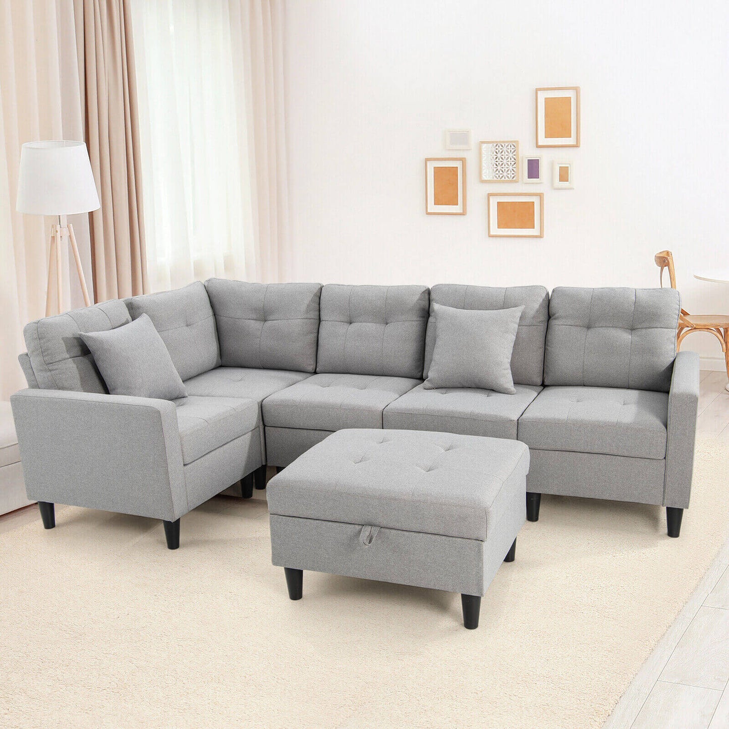 Modular L-Shaped Sectional Sofa Set with Storage Ottoman in Grey